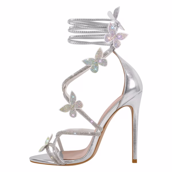 Beautiful Big Size High Heels Stiletto Sandals Rhinestone Butterfly Design Open Toe Shoes