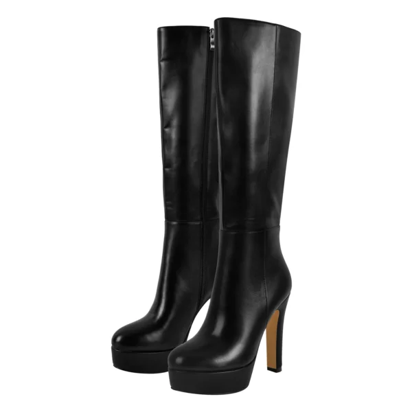 Black Platform Knee High Heel Boots Big Size