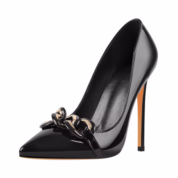 Black Pointed Toe Court Shoes Stiletto Pumps With Chain Design Big Size Heels For Men
