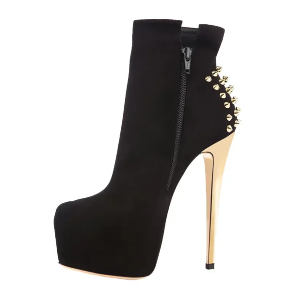 Black Suede Look Stiletto High Heels With Gold Rivets Ankle Boots