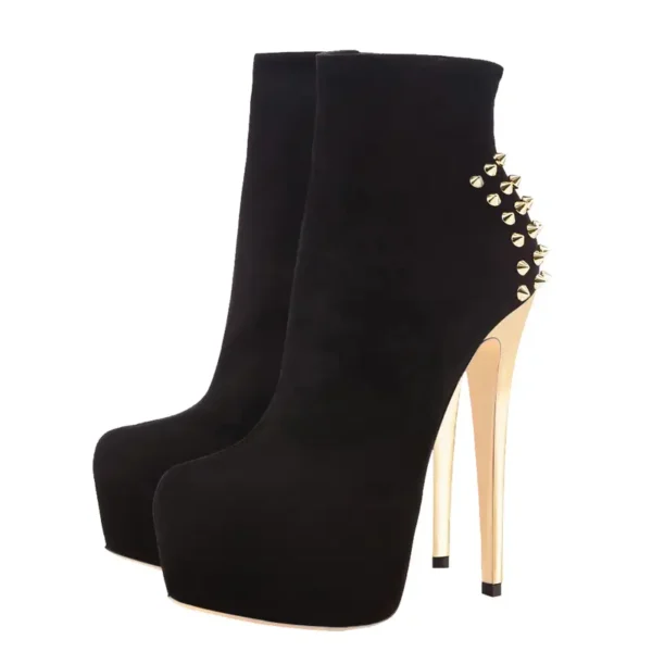 Black Suede Look Stiletto High Heels With Gold Rivets Anke Boots