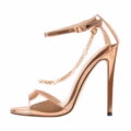 Gold Stiletto Open Toe Big Size High Heels With Buckle Ankle Strap And Hanging Pearl Chain Decoration