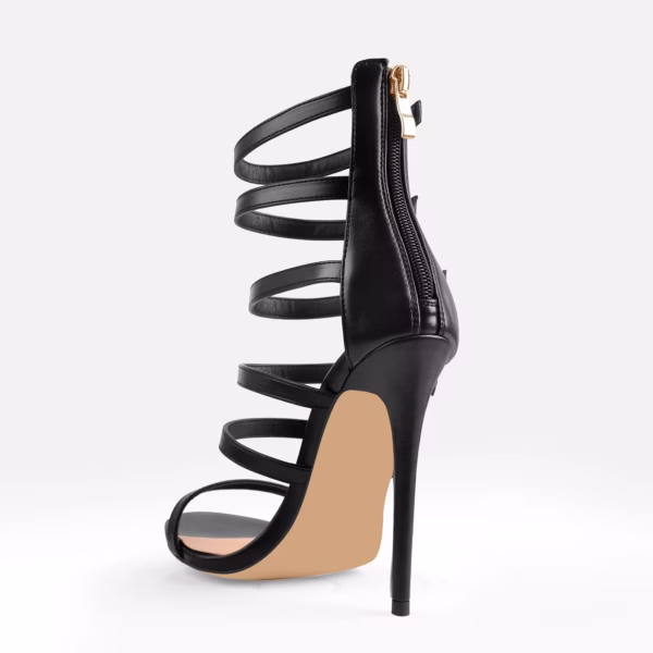 Open Toe Gladiator Multiple Buckle Design Black Big Size High Heel Stilettos With Rear Zipper