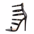 Open Toe Gladiator Multiple Buckle Design Black Big Size High Heel Stilettos With Rear Zipper