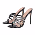 Sexy Black Big Size Stiletto Mules Open Toe Sandals With Rhinestone Decoration