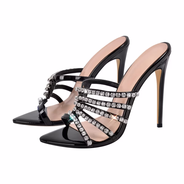 Sexy Black Big Size Stiletto Mules Open Toe Sandals With Rhinestone Decoration
