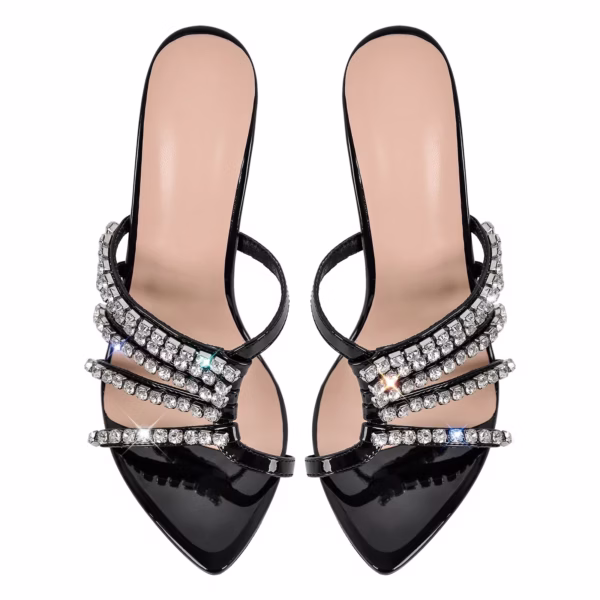 Sexy Black Big Size Stiletto Mules Open Toe Sandals With Rhinestone Decoration