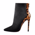 Sexy Black Stiletto High Heel Ankle Boots With Zipper And Glossy Leopard Print Rear