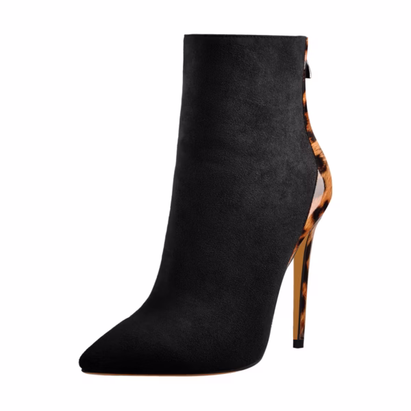 Sexy Black Stiletto High Heel Ankle Boots With Zipper And Glossy Leopard Print Rear