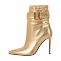Shiny Gold Big Size Stilettos High Heel Boots Pointed Toe Ankle Boots With Buckle Design
