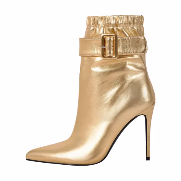 Shiny Gold Big Size Stilettos High Heel Boots Pointed Toe Ankle Boots With Buckle Design